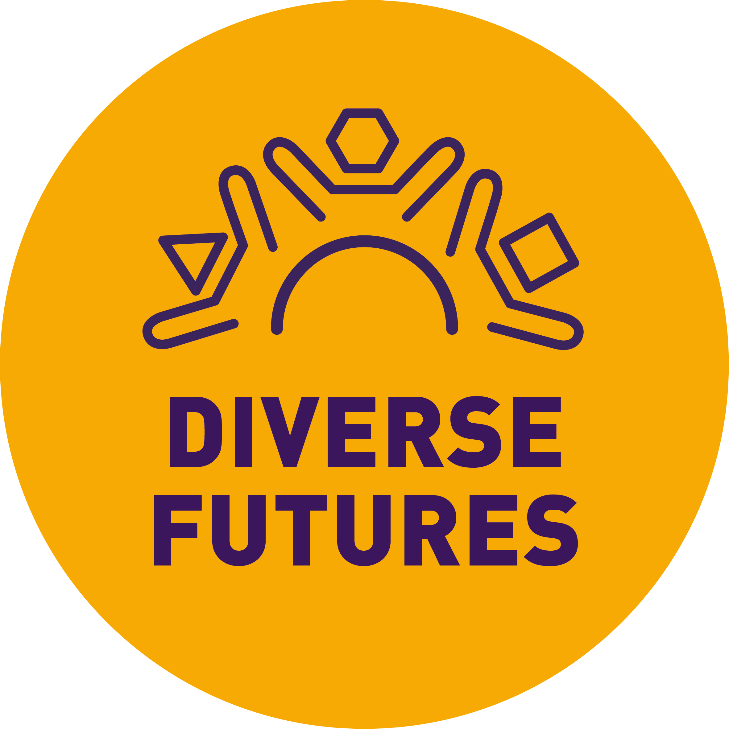 DIVERSE FUTURES in a gold circle underneath a semicircle and 3 graph character with their arms raised